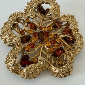 Coro Textured Gold-tone Rhinestone Brooch with Amber and Topaz Stones